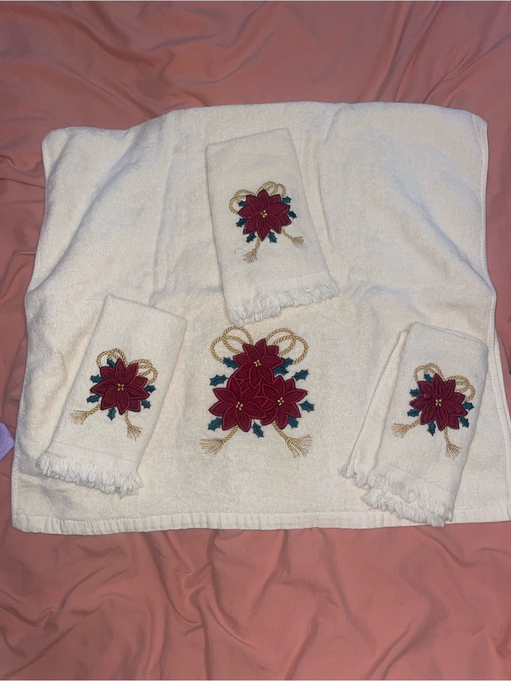 White Embroidered Poinsettia Bath Towel Set